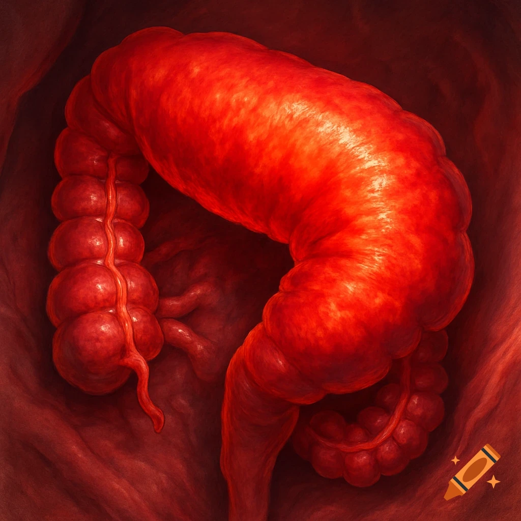 Close-up of a severely dilated and inflamed red colon, depicting a medical complication.