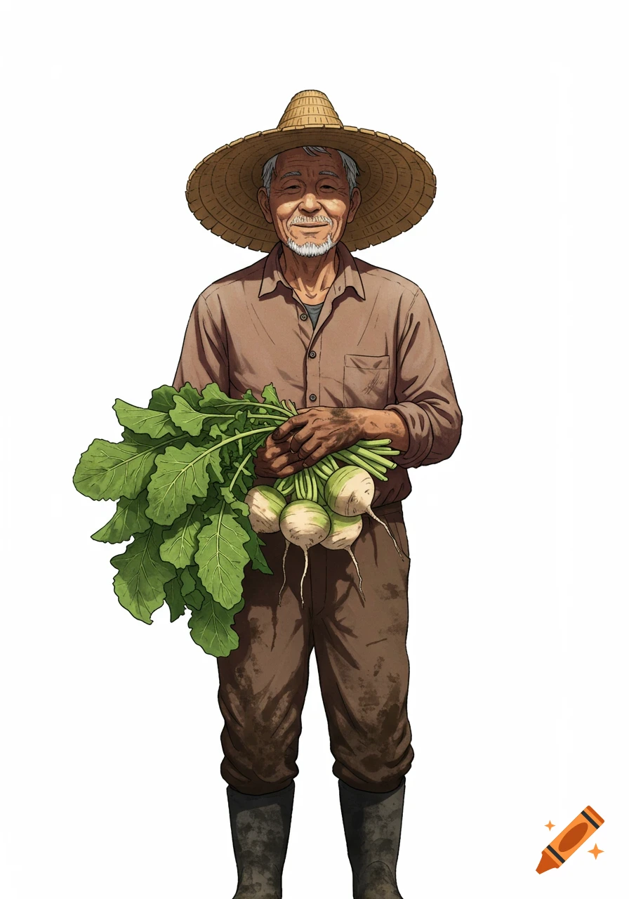 An illustrated smiling elderly farmer in a straw hat holding a bundle of turnips with green leaves against a white background.