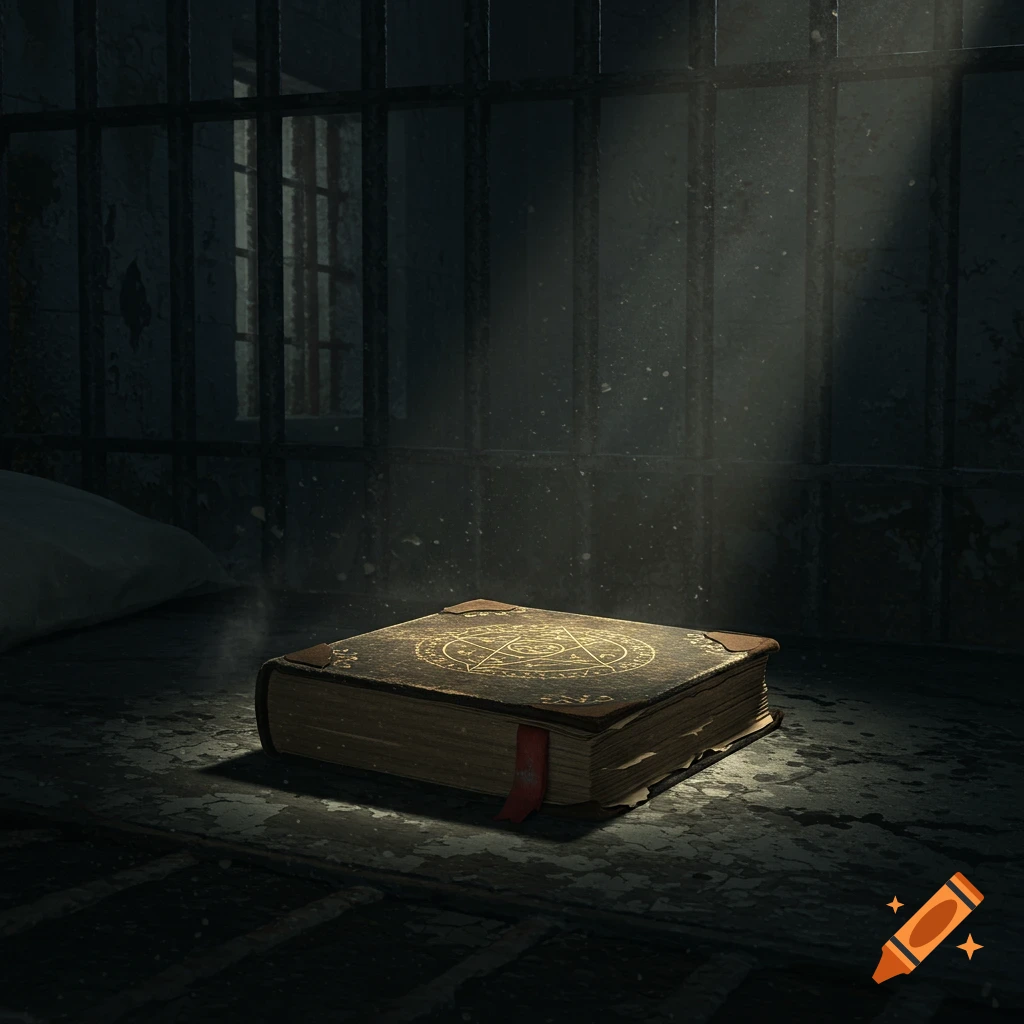 A mysterious old book with ornate golden symbols on its cover lies on a grimy floor, illuminated by a shaft of light in a dark prison cell. Photorealistic.