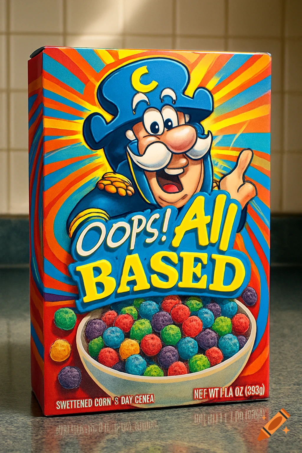 A photorealistic cereal box with a Captain Crunch-like character, labeled "OOPS! ALL BASED" and containing colorful cereal spheres.