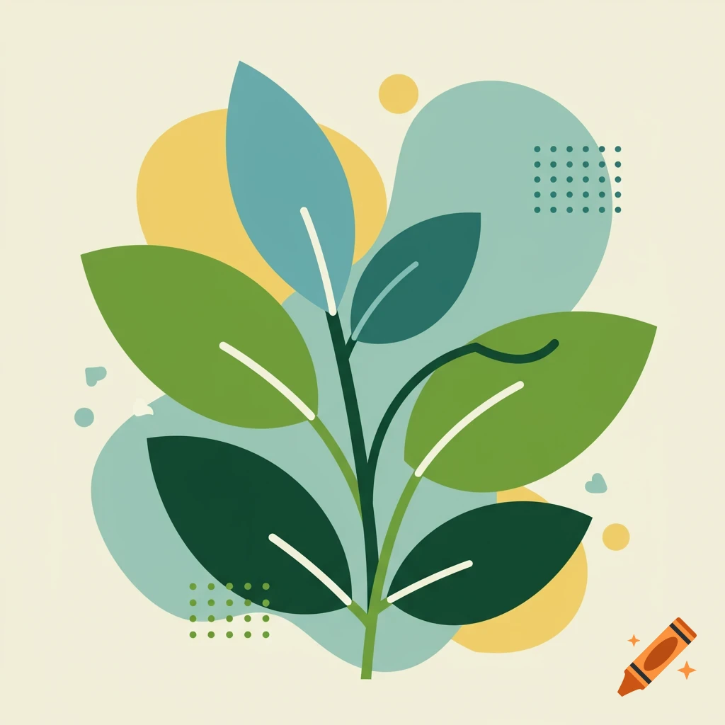 Stylized abstract illustration of a plant with green and blue leaves against yellow and teal shapes.