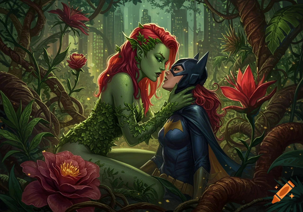 Poison Ivy in a leafy outfit and Batgirl in her costume embrace in a lush jungle with a city skyline, in a dramatic comic book style.