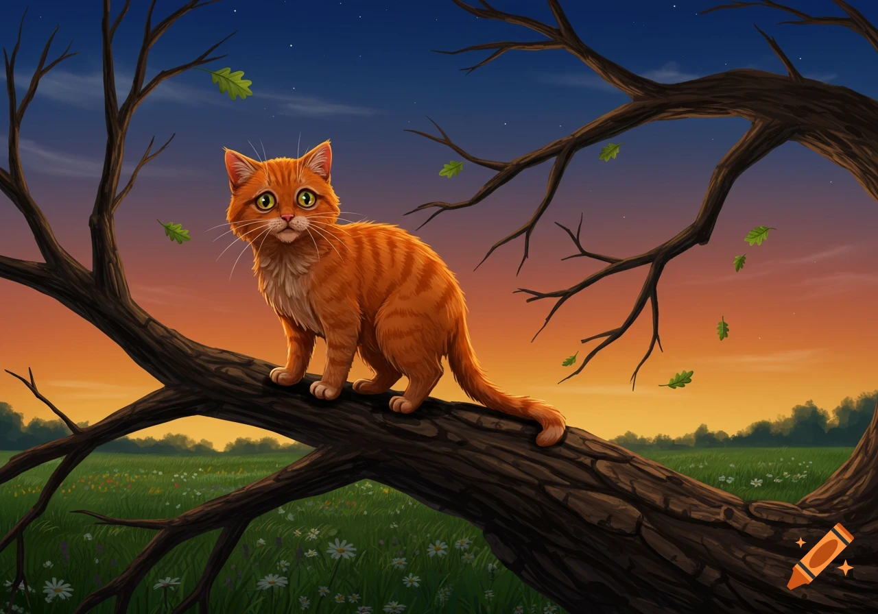 A cartoon orange tabby cat with large green eyes sits on a thick tree branch at sunset. Green leaves float around it, with a grassy field below.