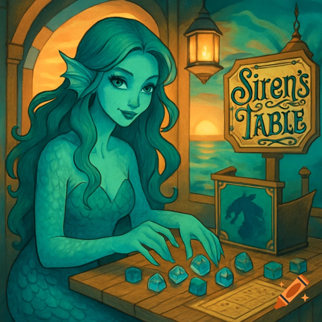 A green-haired mermaid sits at a wooden table, playing with blue dice. A sign reads "Siren's Table" with a sunset ocean view in the background, in an illustrative style.