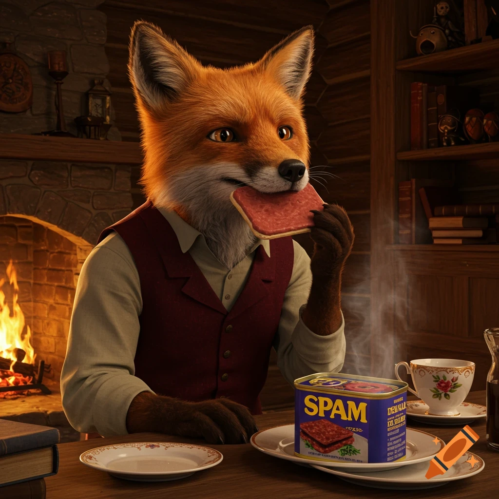 A photorealistic anthropomorphic fox in a vest eats spam from a can at a wooden table in a rustic room with a fireplace.