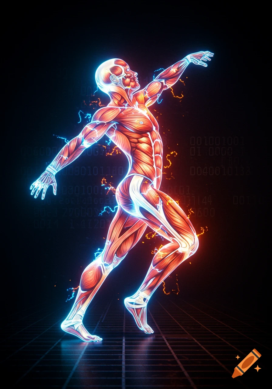 Stylized glowing human anatomy with muscles visible, outlined in electric blue and orange energy on a dark digital grid.