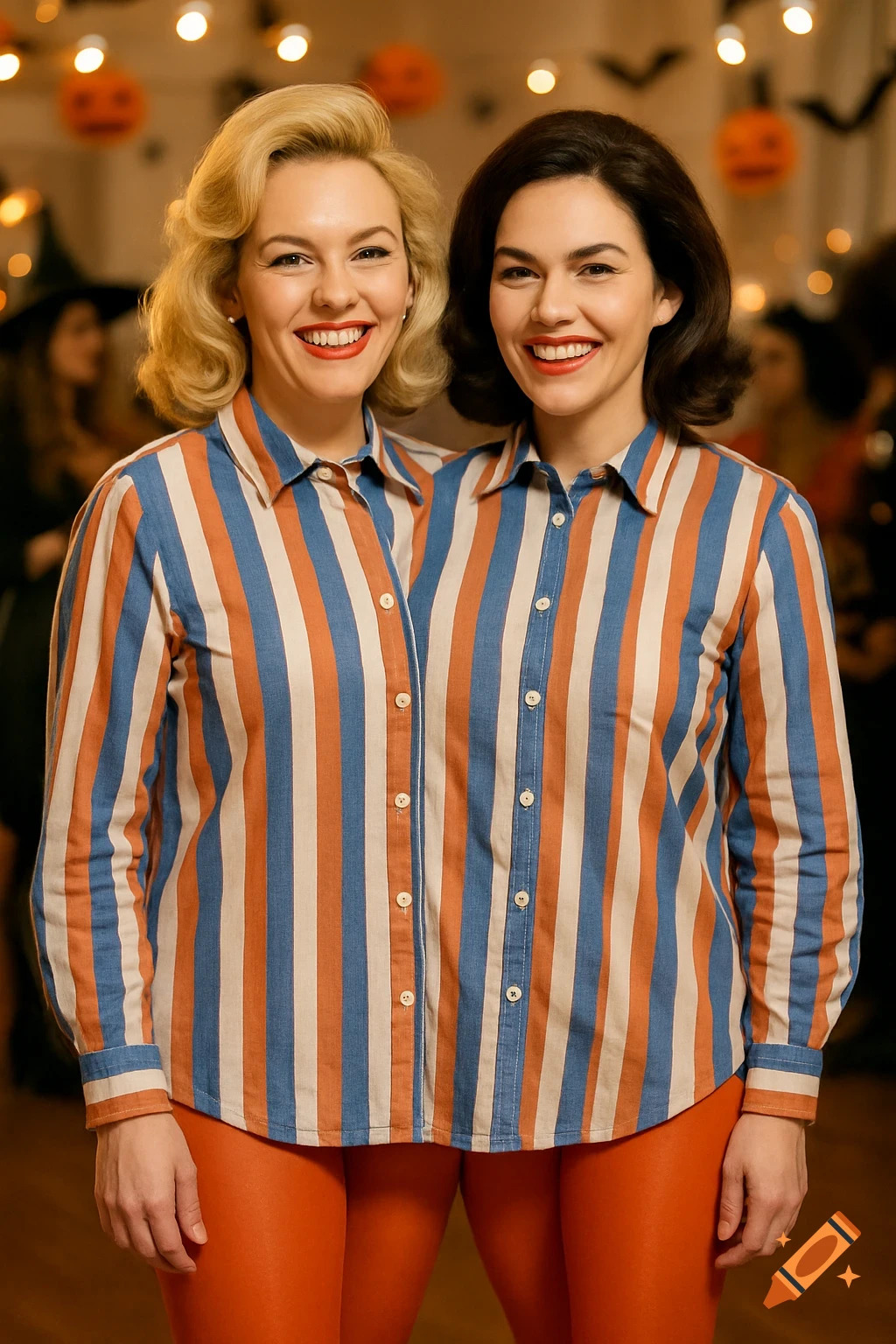 Two smiling women, one blonde and one dark-haired, wear a conjoined blue, white, and orange striped shirt and orange tights at a Halloween party.