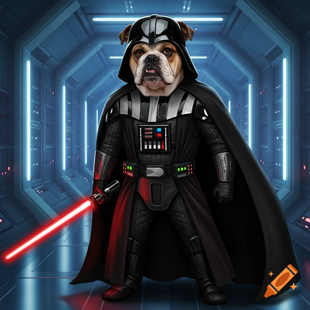 Bulldog dressed as Darth Vader, holding a red lightsaber in a futuristic blue-lit corridor.