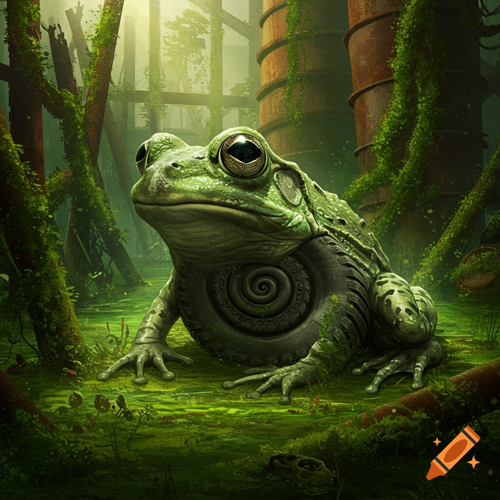 A large green frog with a tire for its lower body sits in a lush, mossy swamp with overgrown industrial structures.
