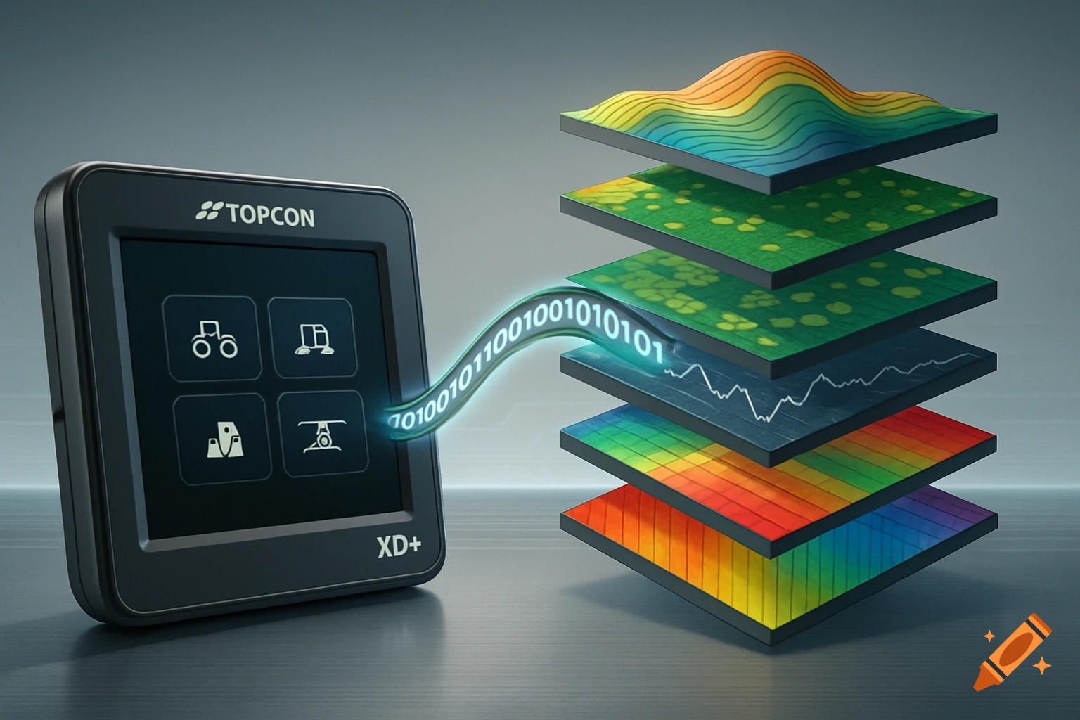 A black Topcon XD+ console connects via a binary data stream to a stack of colorful digital layers depicting agricultural data.
