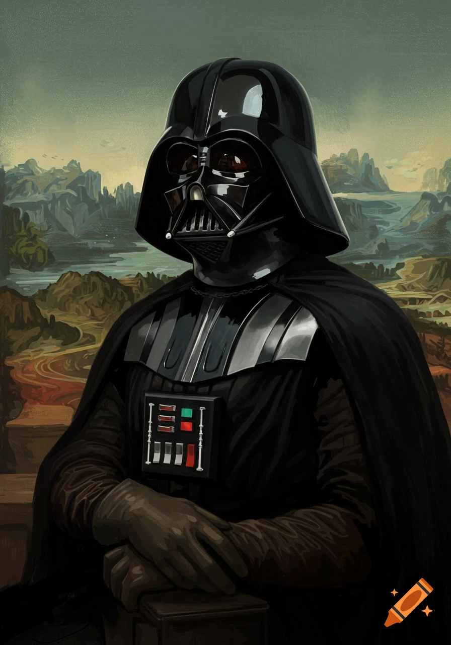 Darth Vader posed like the Mona Lisa, a dark figure with clasped hands against a classic landscape painting.
