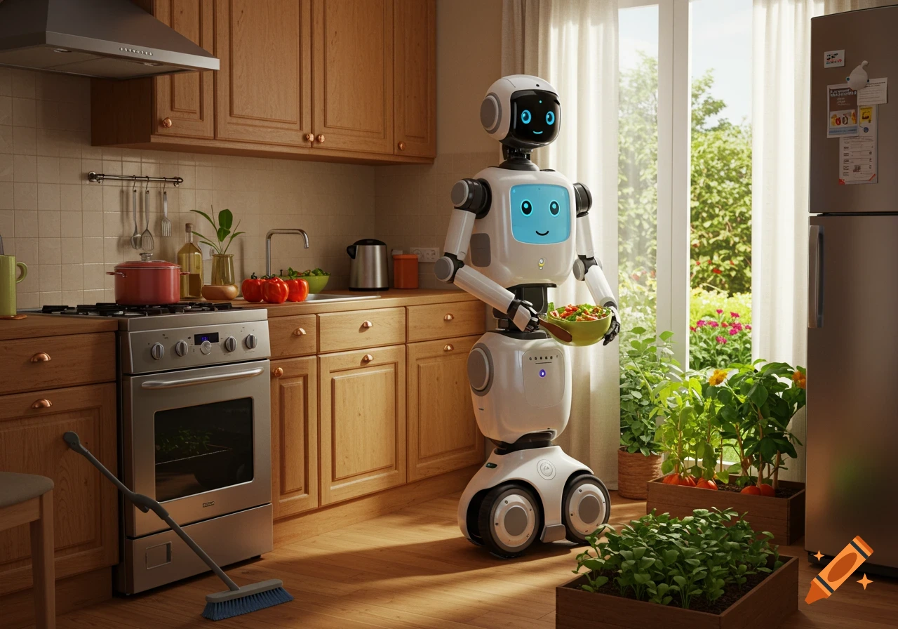 A friendly domestic robot holds a bowl of salad in a sunny, modern kitchen with indoor garden boxes.