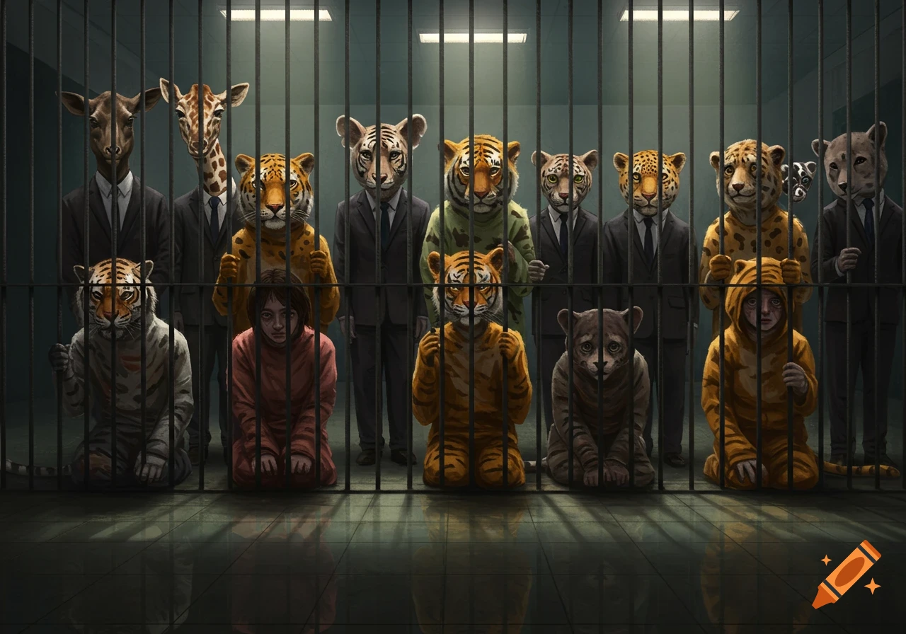 Children in animal costumes and humans in a cage, observed by anthropomorphic animal figures in suits outside the bars.