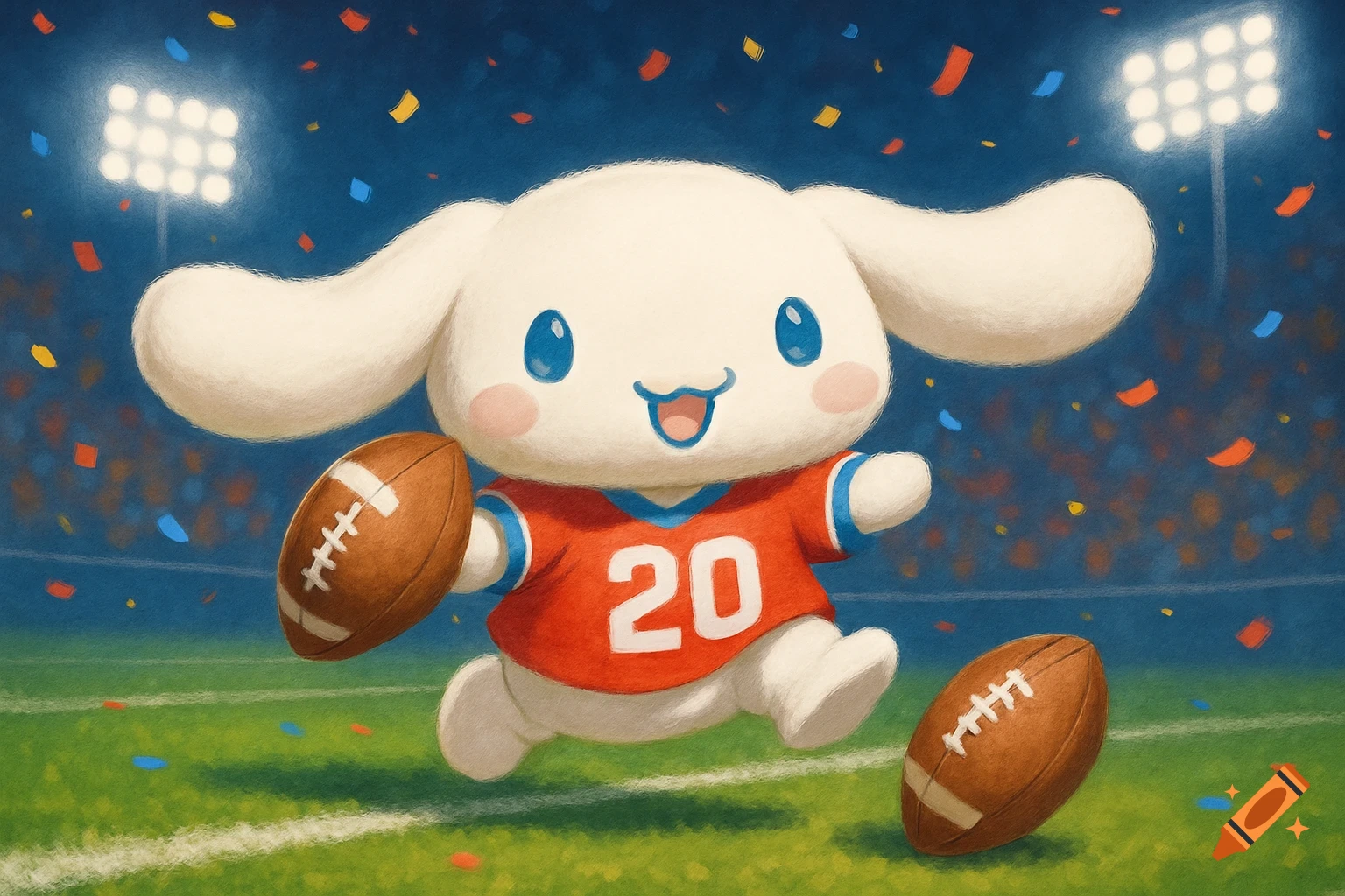 A cute Cinnamoroll character in a red number 20 football jersey runs on a green field with two footballs and confetti.