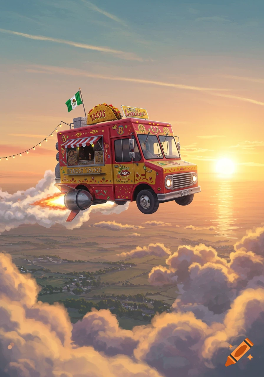 A whimsical red and yellow taco truck with jet engines flies above clouds over a green rural landscape at sunset, in a stylized illustration.