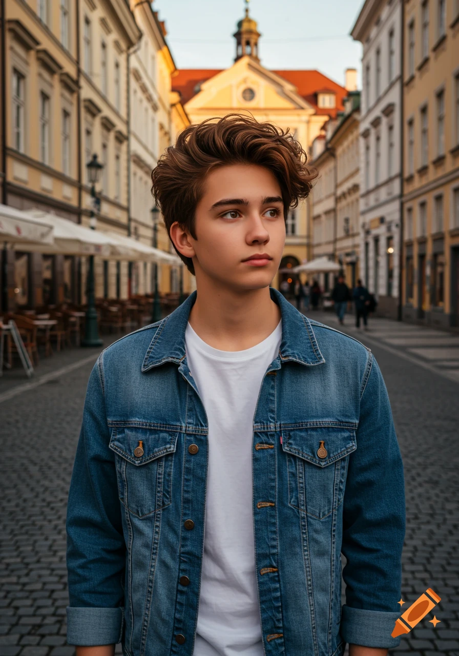 A young man with brown hair in a denim jacket stands on a European cobblestone street.