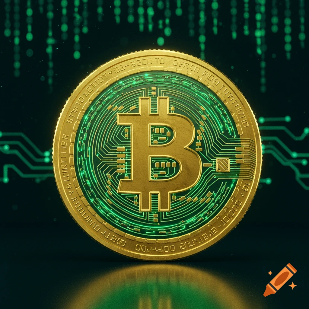 A golden Bitcoin-like coin with green circuitry patterns and a 'B' symbol in the center, set against a dark background with digital rain.