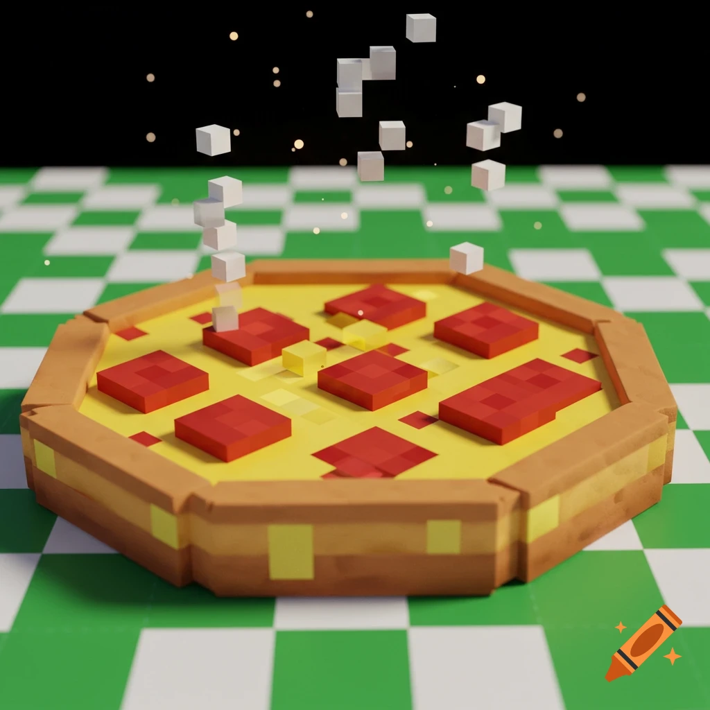 A pixel art pepperoni pizza on a green and white checkered surface with floating white blocks, in a Minecraft style.