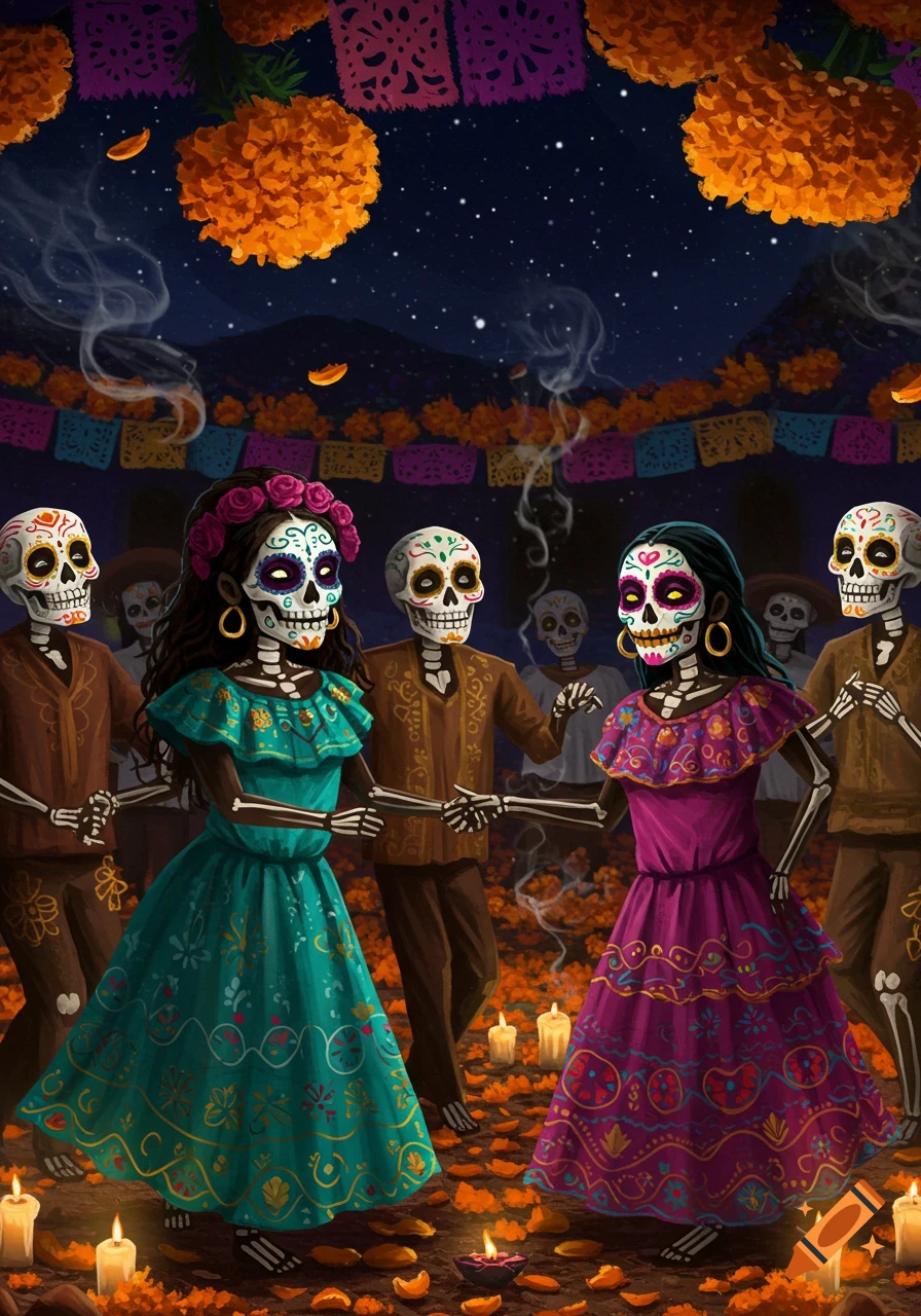 Calaveras (sugar skull figures) dance festively under a night sky with marigolds, papel picado, and candlelight for Day of the Dead.