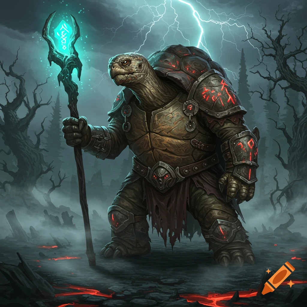 Armored tortoise warrior holding a glowing staff in a stormy, lava-filled fantasy landscape.