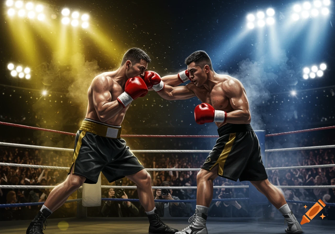 Two muscular boxers in red gloves punch each other in a brightly lit ring with a blurred audience, in a photorealistic style.
