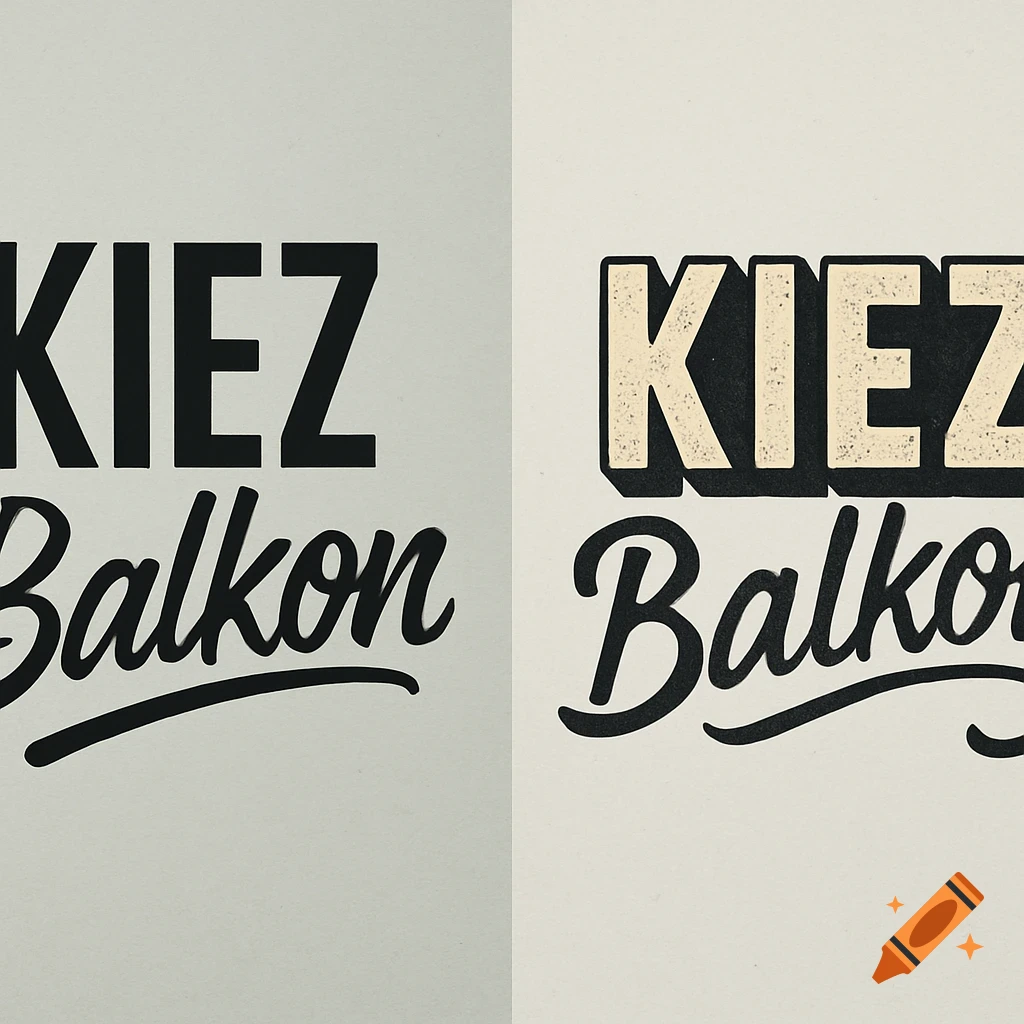 Two versions of the KIEZBALKON logo. One with KIEZ in bold block letters and Balkon in script font, the other with a textured, shadowed effect.