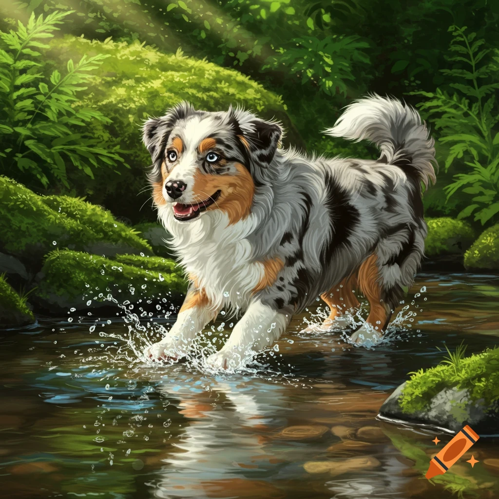 An illustrated mini Australian Shepherd puppy happily splashes through a sunlit creek in a lush green forest.