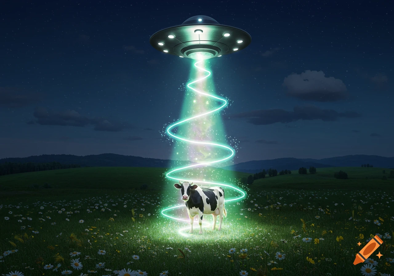 A UFO beams up a black and white cow from a grassy field filled with daisies under a starry night sky.