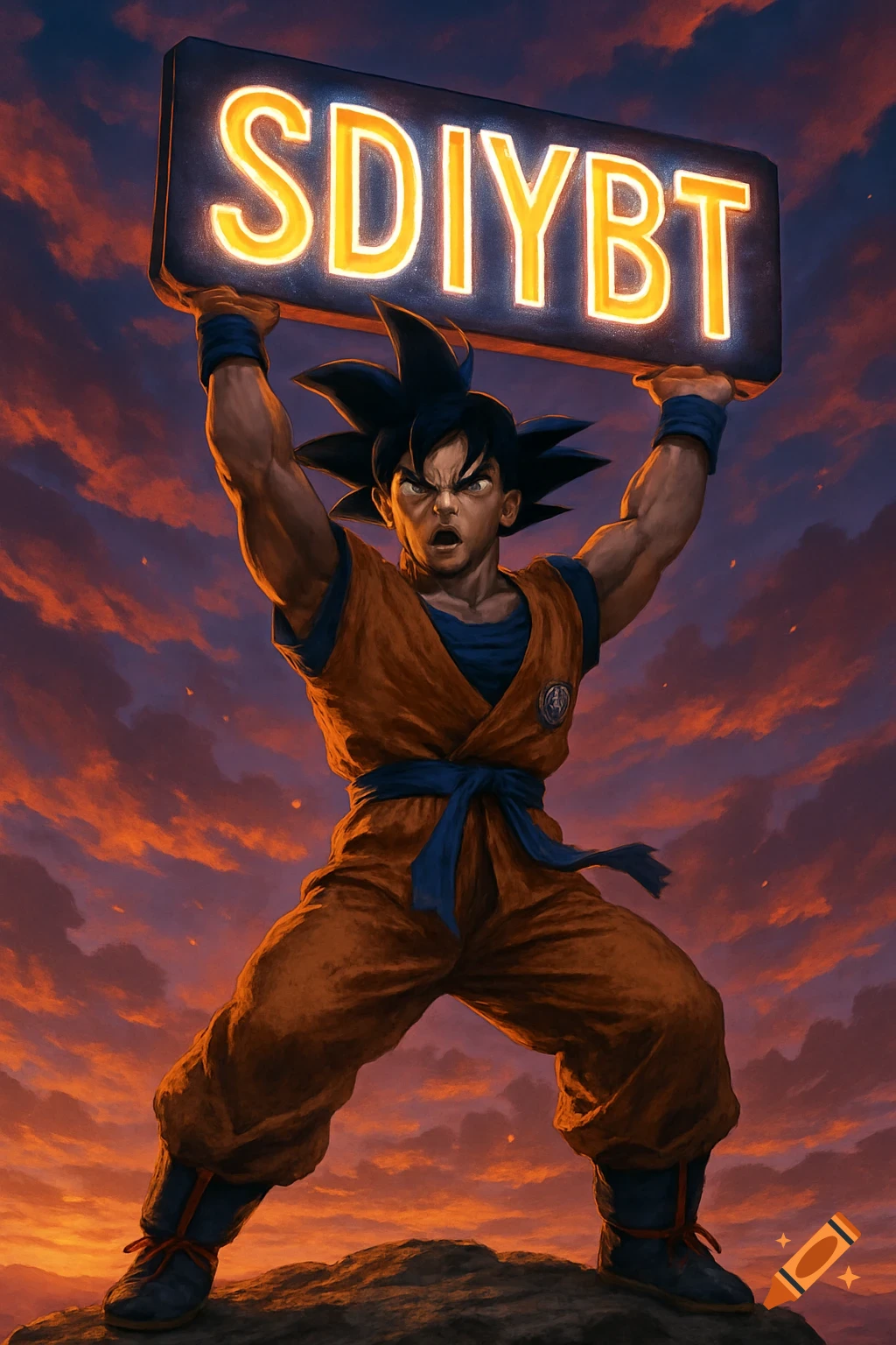 Muscular anime character Goku holding a glowing sign with "SDIYBT" overhead against a dramatic orange and purple sunset sky.