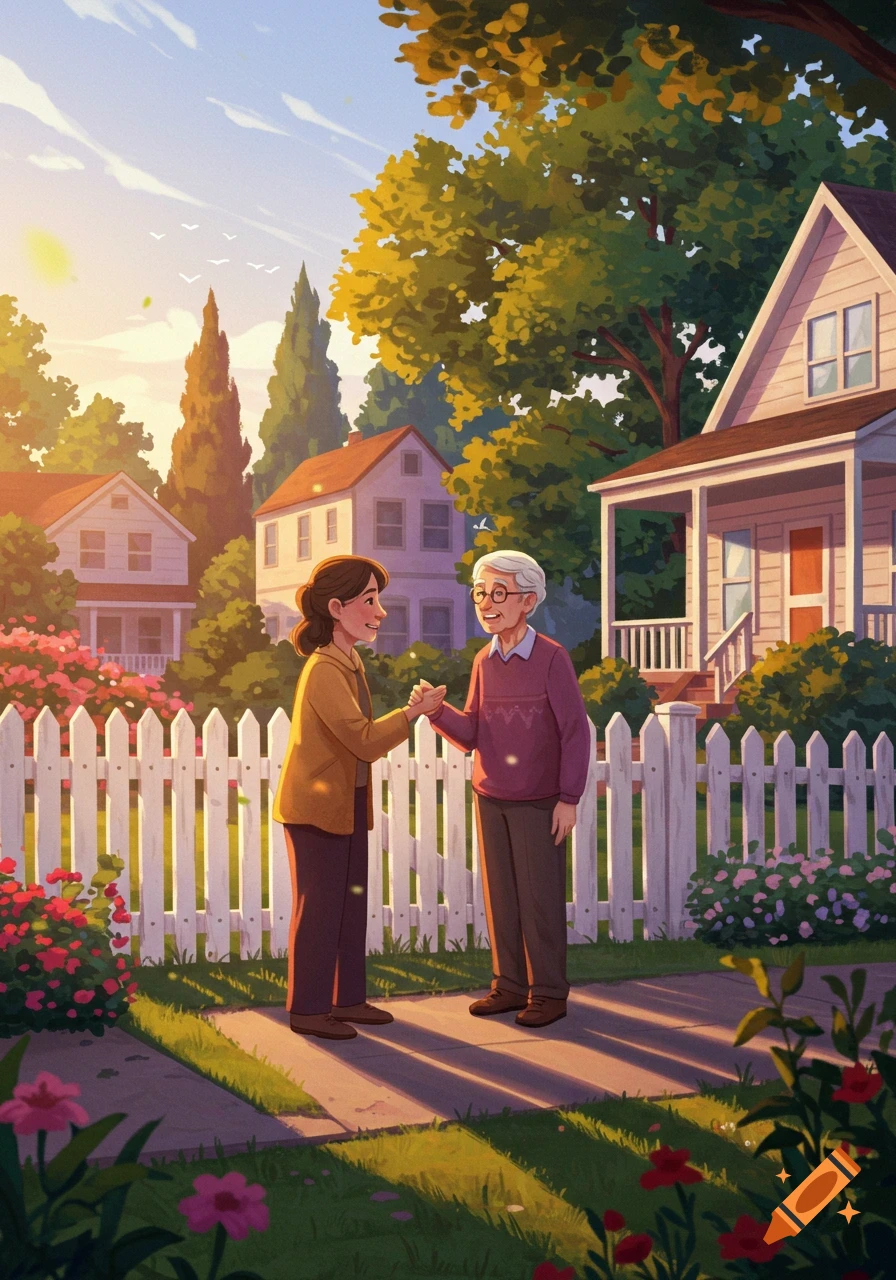 Cartoon illustration of two elderly neighbors holding hands and smiling by a white picket fence in a sunny neighborhood.