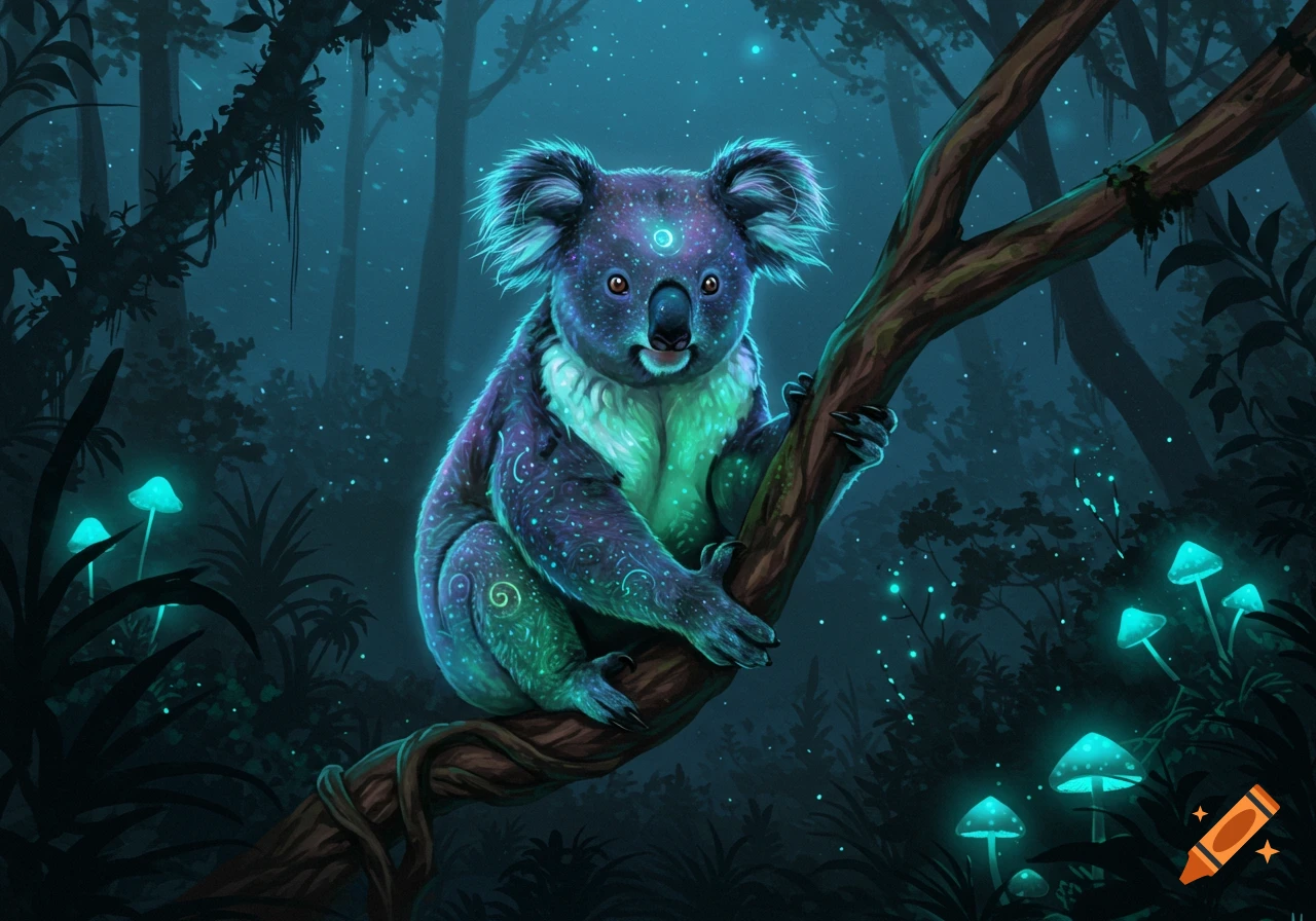 A luminous, purple and green fantasy koala with glowing patterns sits on a branch in a dark, magical forest with bioluminescent mushrooms.