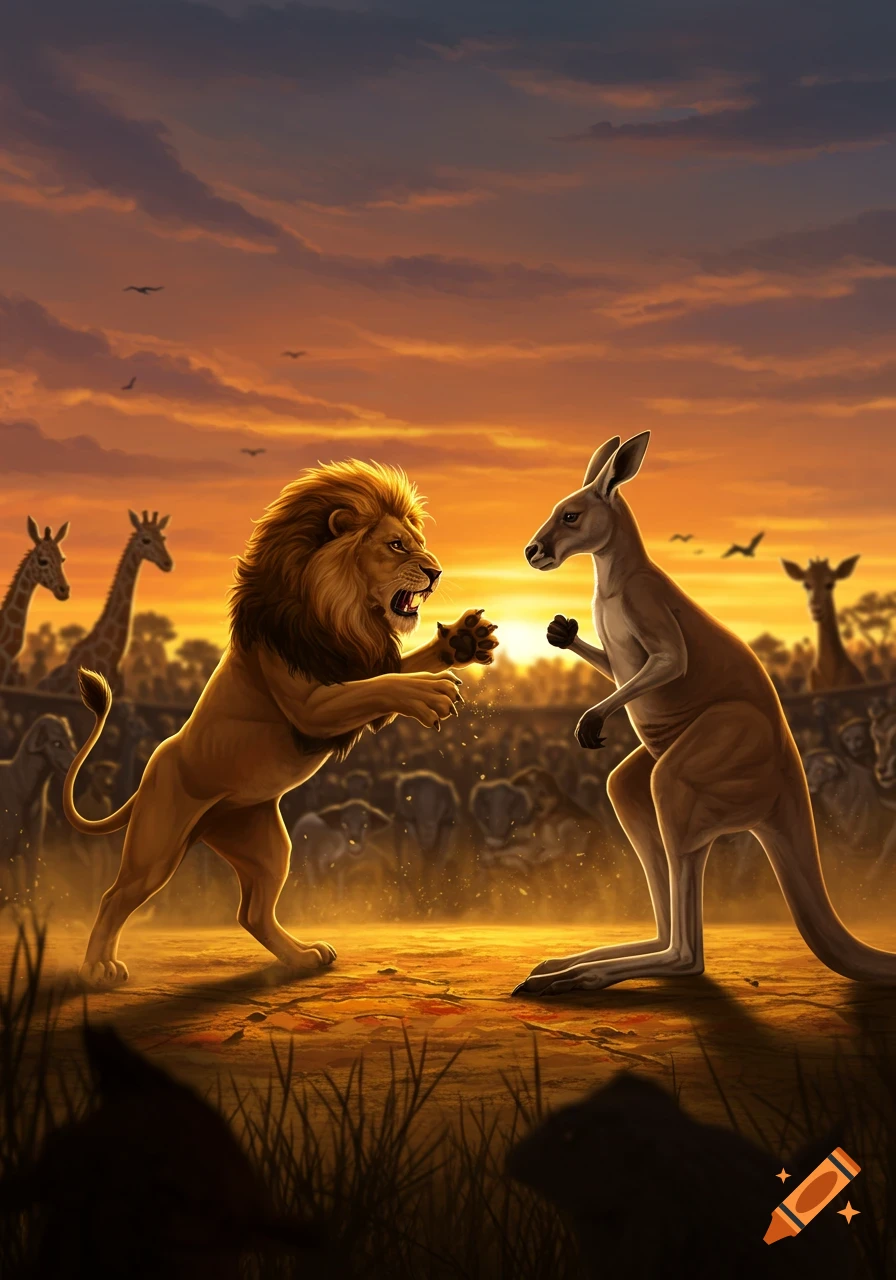 Illustrated lion and kangaroo in a boxing stance in an arena at sunset, with a crowd of wild animals watching.