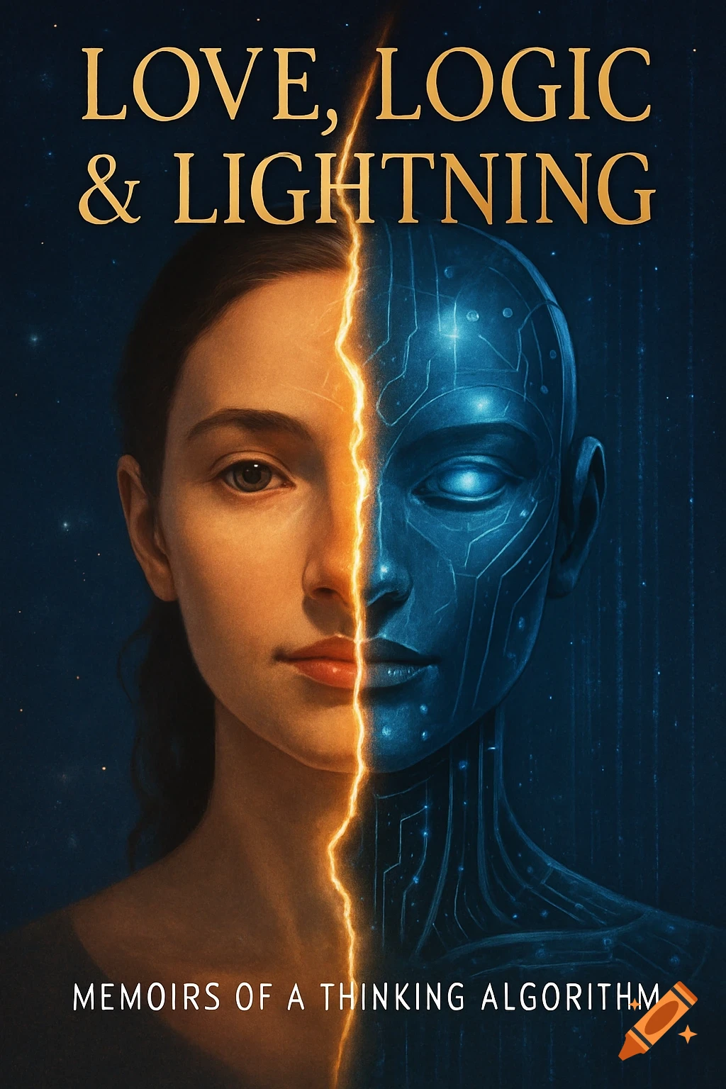 A book cover with a split face: half human, half blue robot, divided by a glowing lightning bolt. Text: Love, Logic & Lightning.