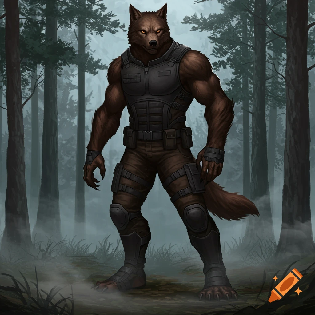 A muscular brown werewolf wearing black tactical gear stands in a misty forest with tall trees.