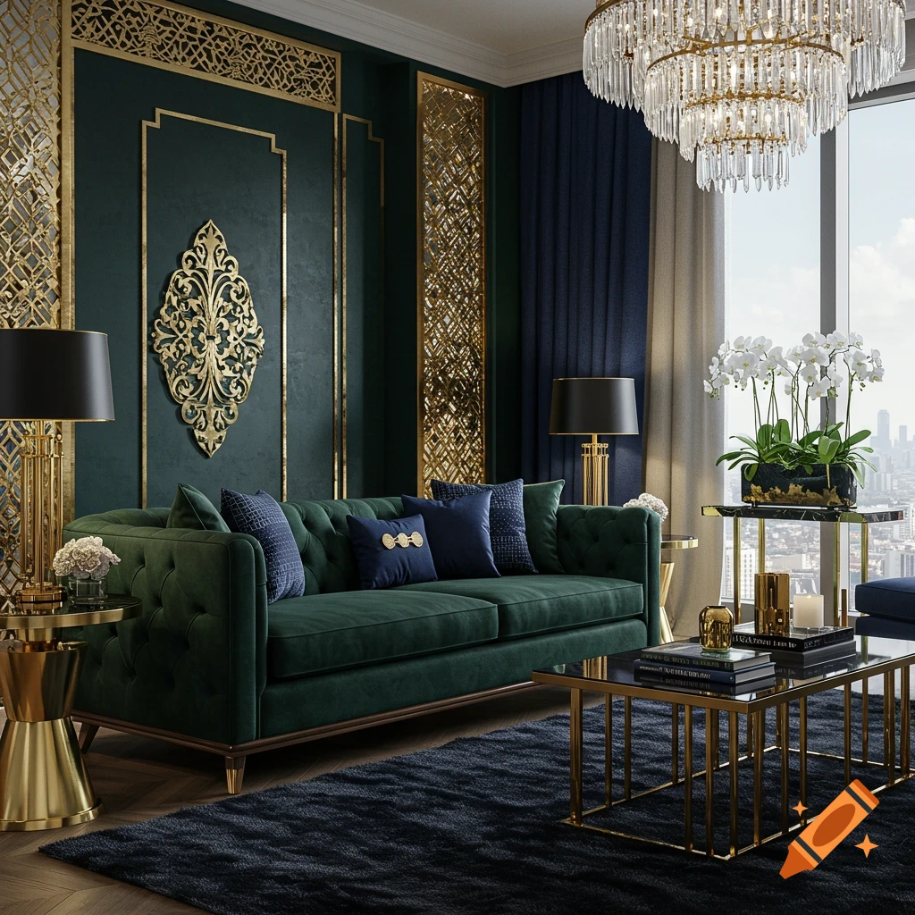 Luxurious living room with an emerald green velvet sofa, gold accent tables, and a large crystal chandelier.