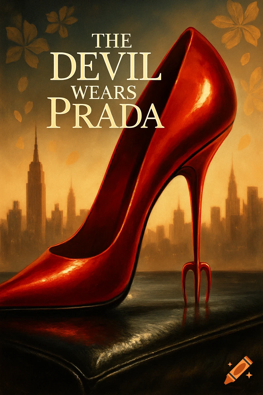 Red high heel shoe with a trident heel in front of a city skyline, with the text 'THE DEVIL WEARS PRADA'.