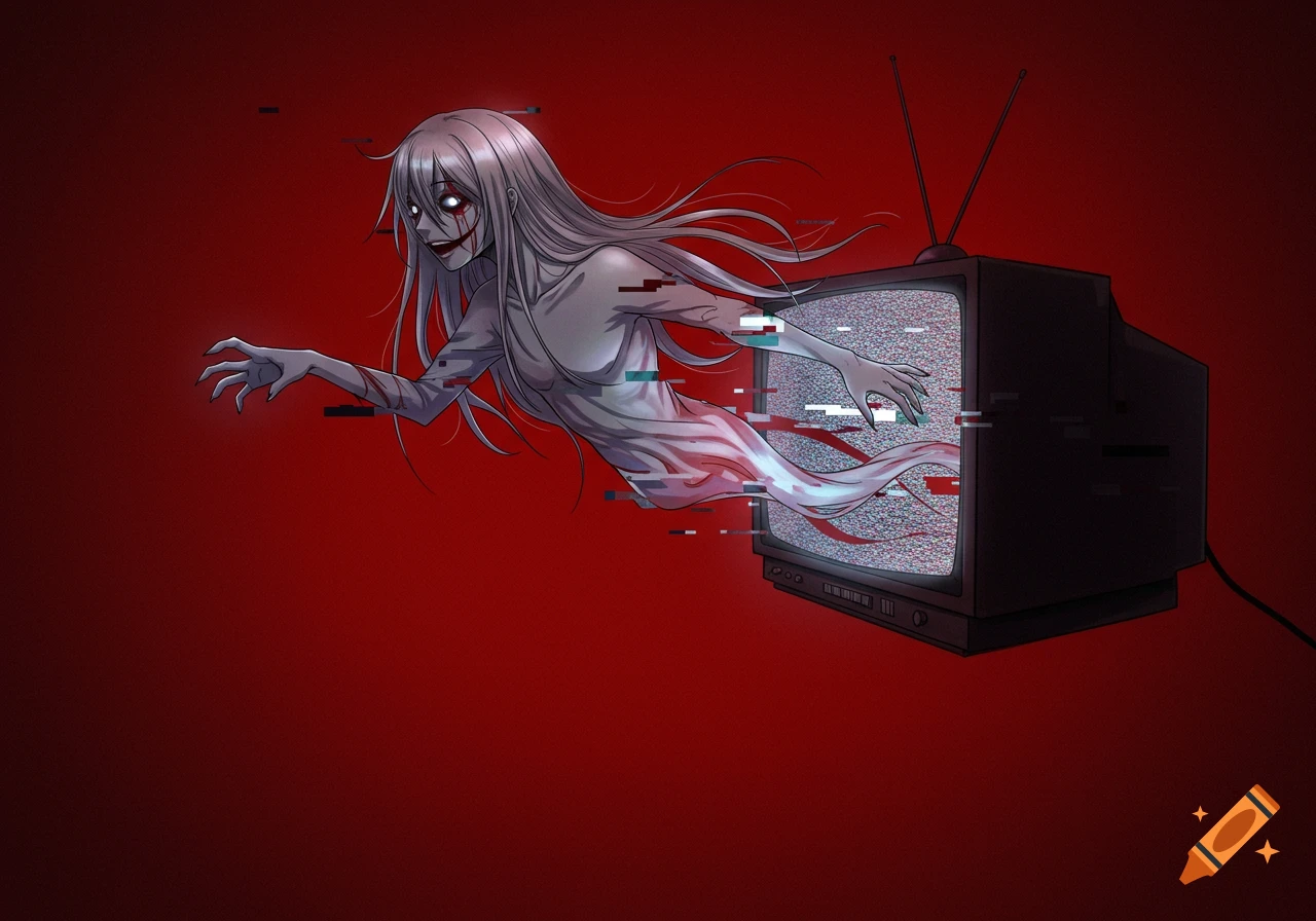 Anime-style ghostly figure with long white hair, red eyes, and glitch effects emerging from a vintage CRT television against a solid red background.