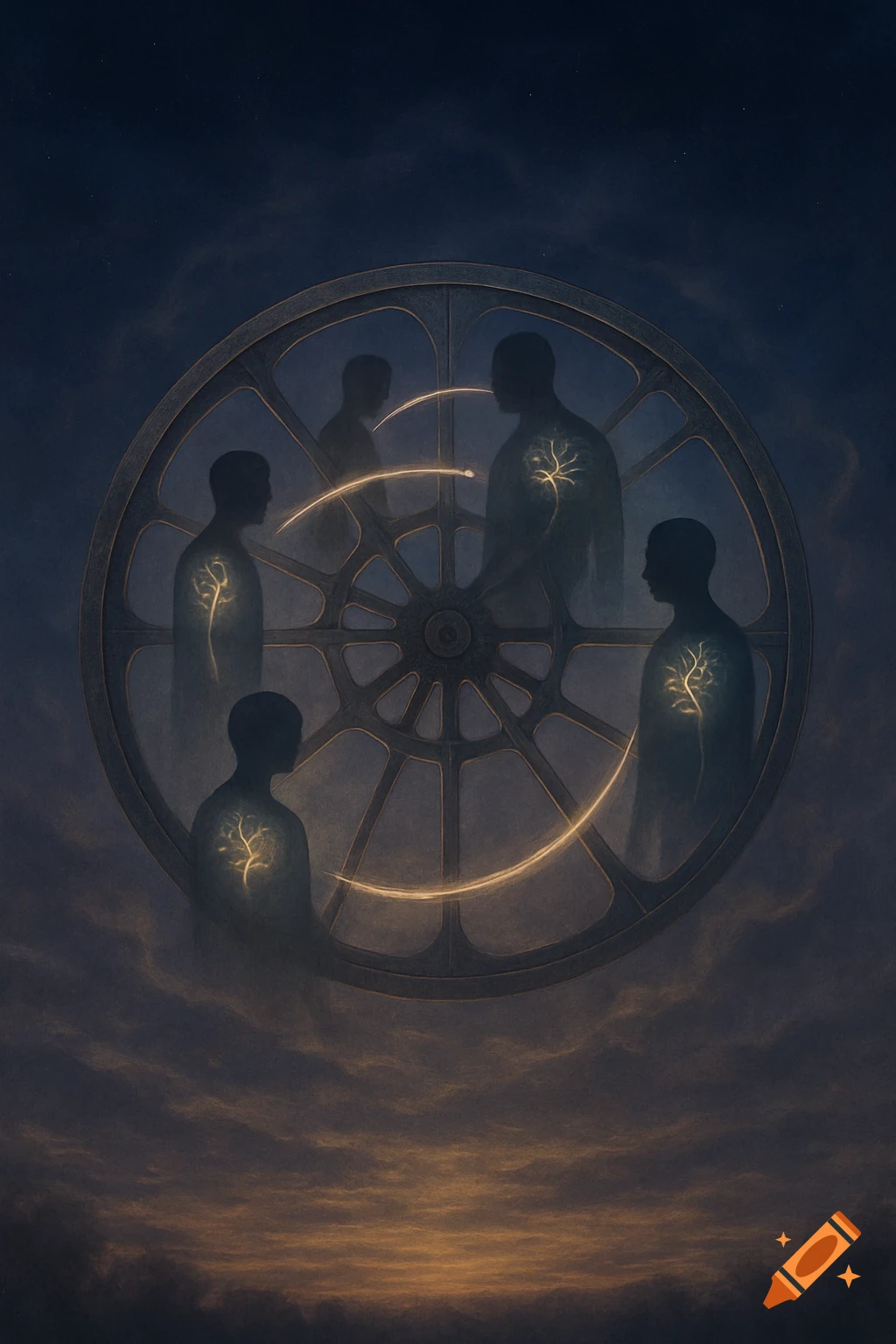 Surreal image of human silhouettes with glowing chest organs, arranged around a large industrial wheel under a cloudy sky.