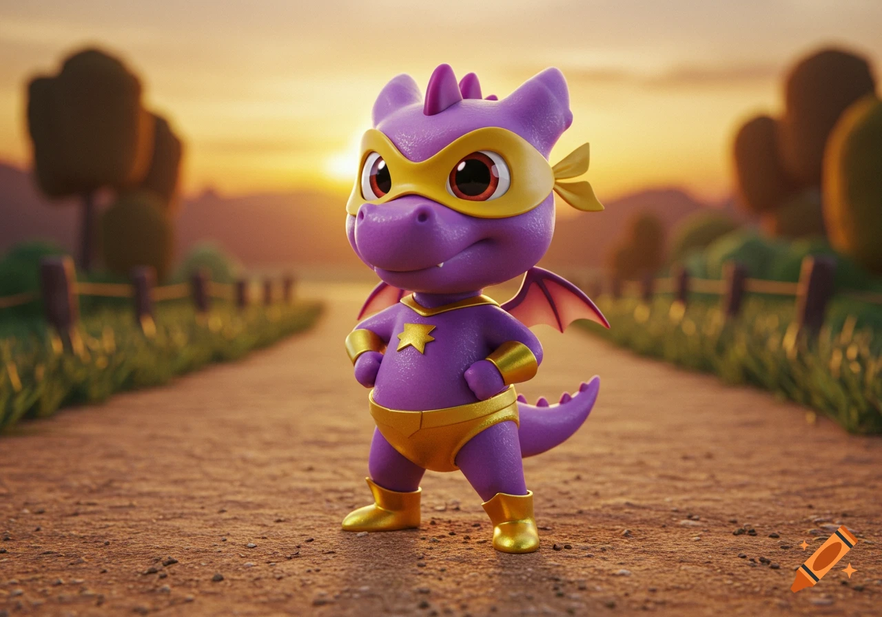 A purple cartoon superhero dragon with a yellow mask and costume stands on a dirt road at sunset.