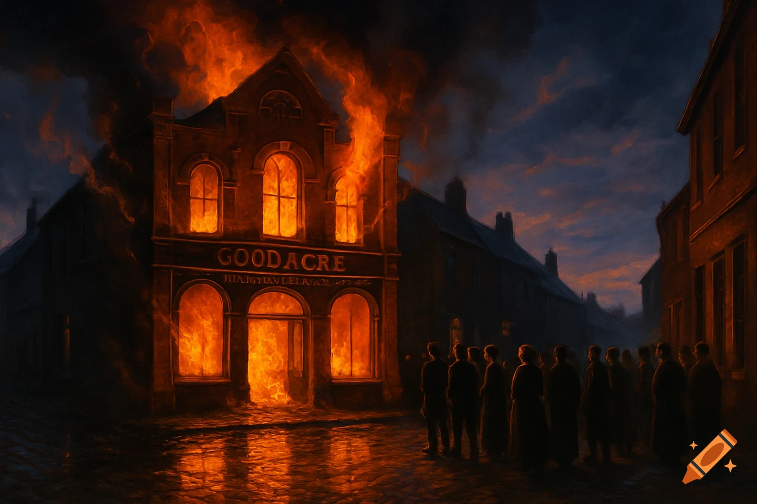 A dramatic painting of a burning building labeled "Goodacre" in a 19th-century village street, with dark figures watching.