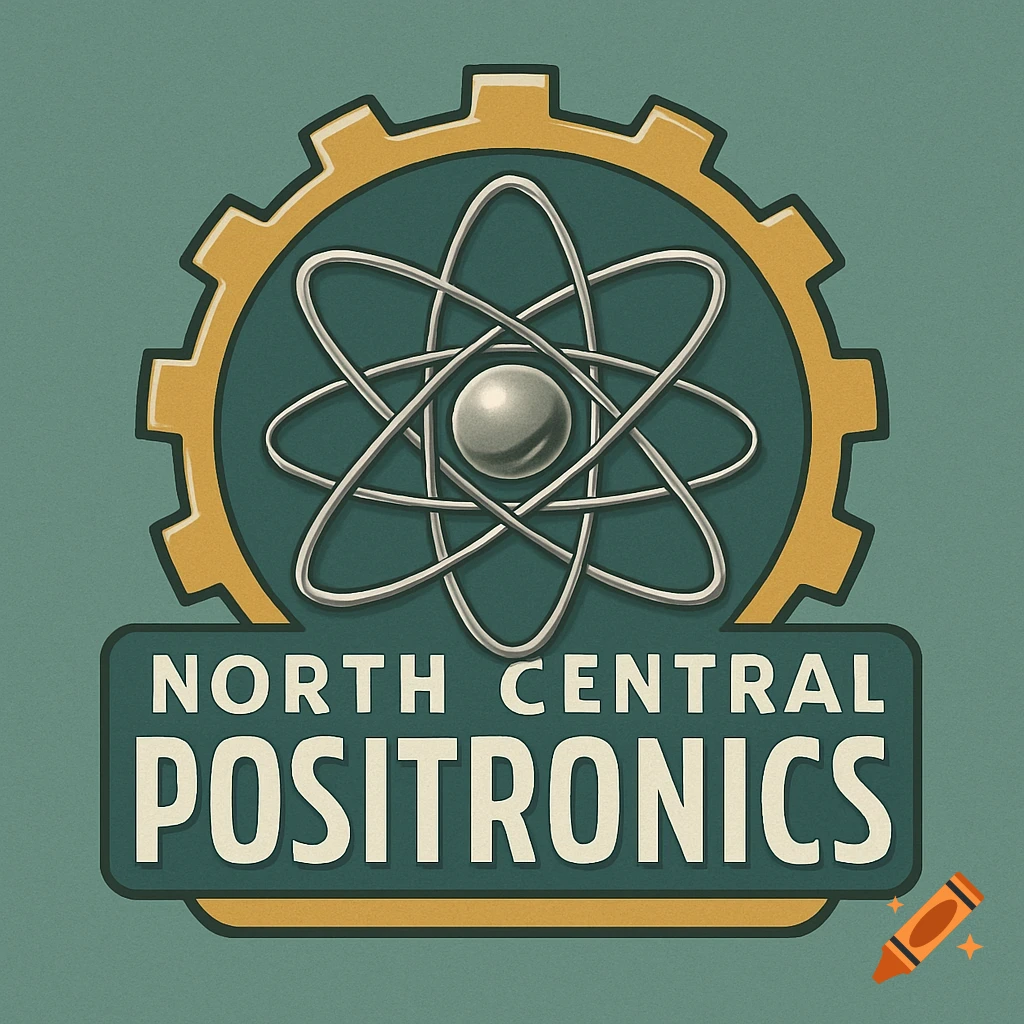 Retro-style logo for North Central Positronics, featuring a gear and an atom symbol on a teal background with a subtle texture.