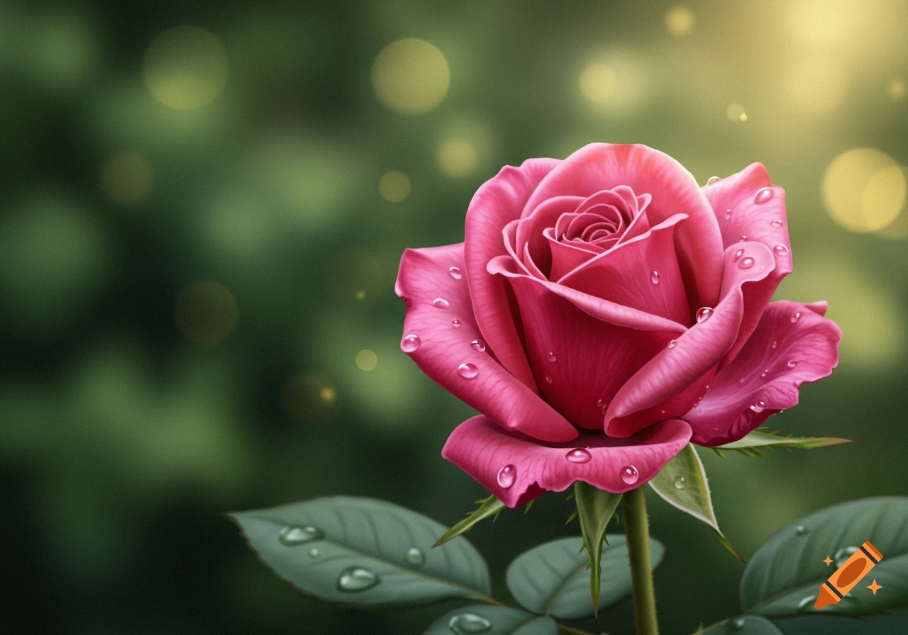 Vibrant pink rose with glistening water droplets on petals and leaves, against a blurred green background with bokeh lights.