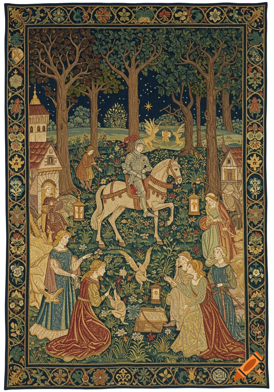 A detailed medieval tapestry showing a knight, ladies, and mythical creatures in a magical forest setting.