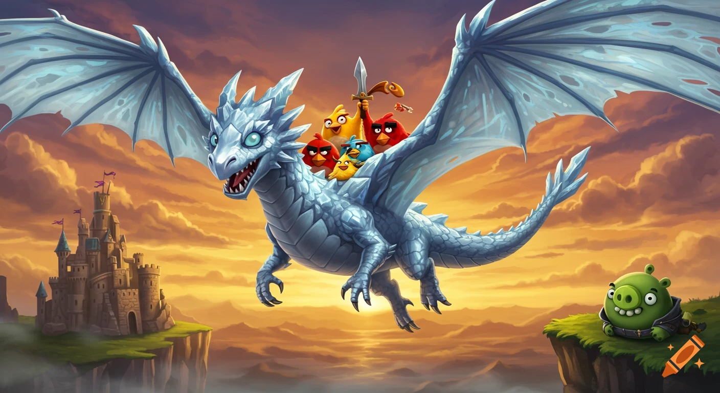 Angry Birds characters ride a detailed ice dragon flying over a castle at sunset, with a green pig observing.