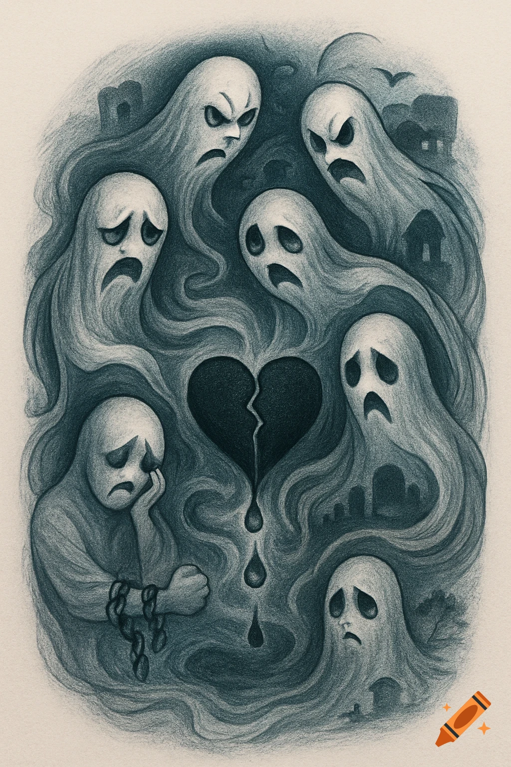 Pencil drawing of multiple sad and angry ghosts surrounding a chained figure and a broken heart dripping blood.