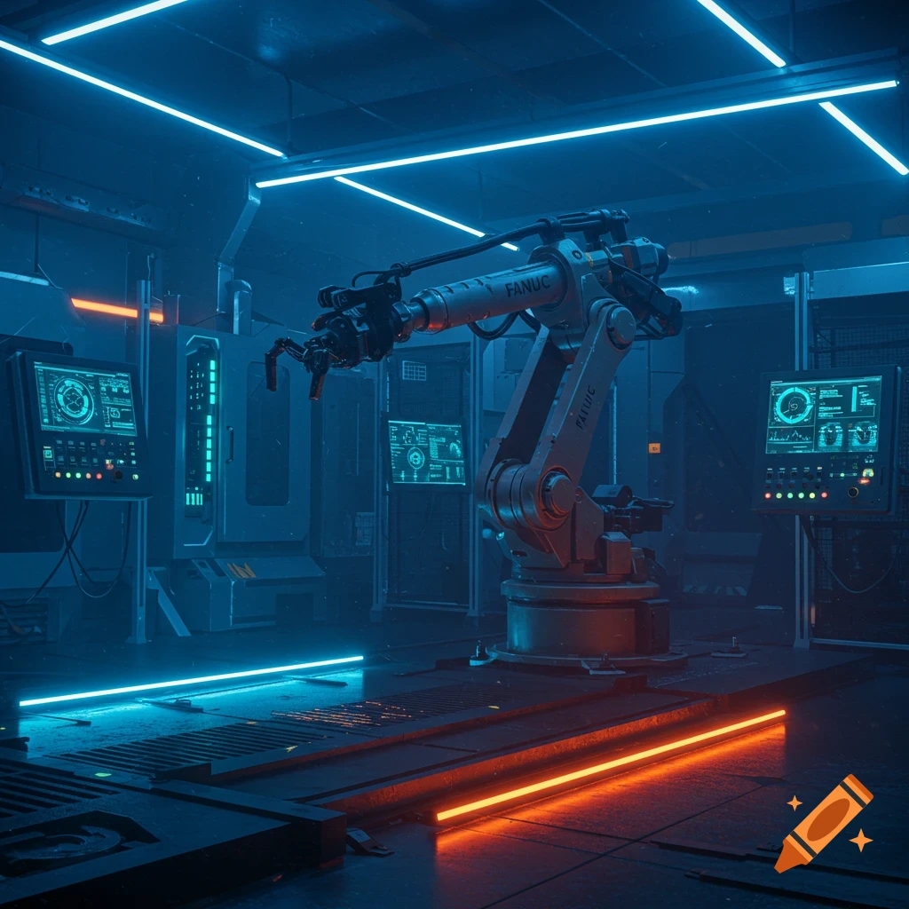 A robotic arm in a dark, neon-lit industrial lab with glowing blue and orange lights and control panels.