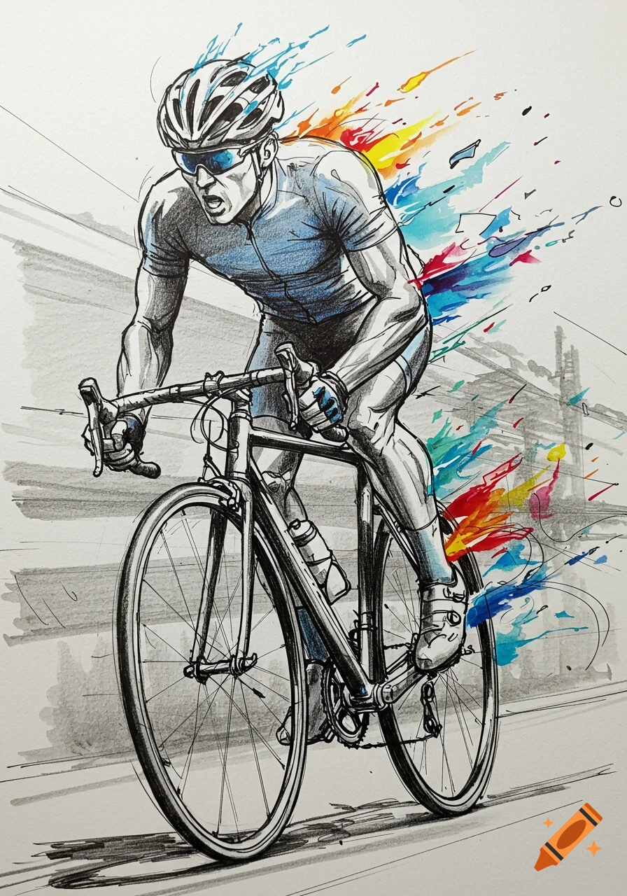Abstract sketch of a male cyclist in blue gear riding a road bike, with vibrant watercolor splashes in motion.