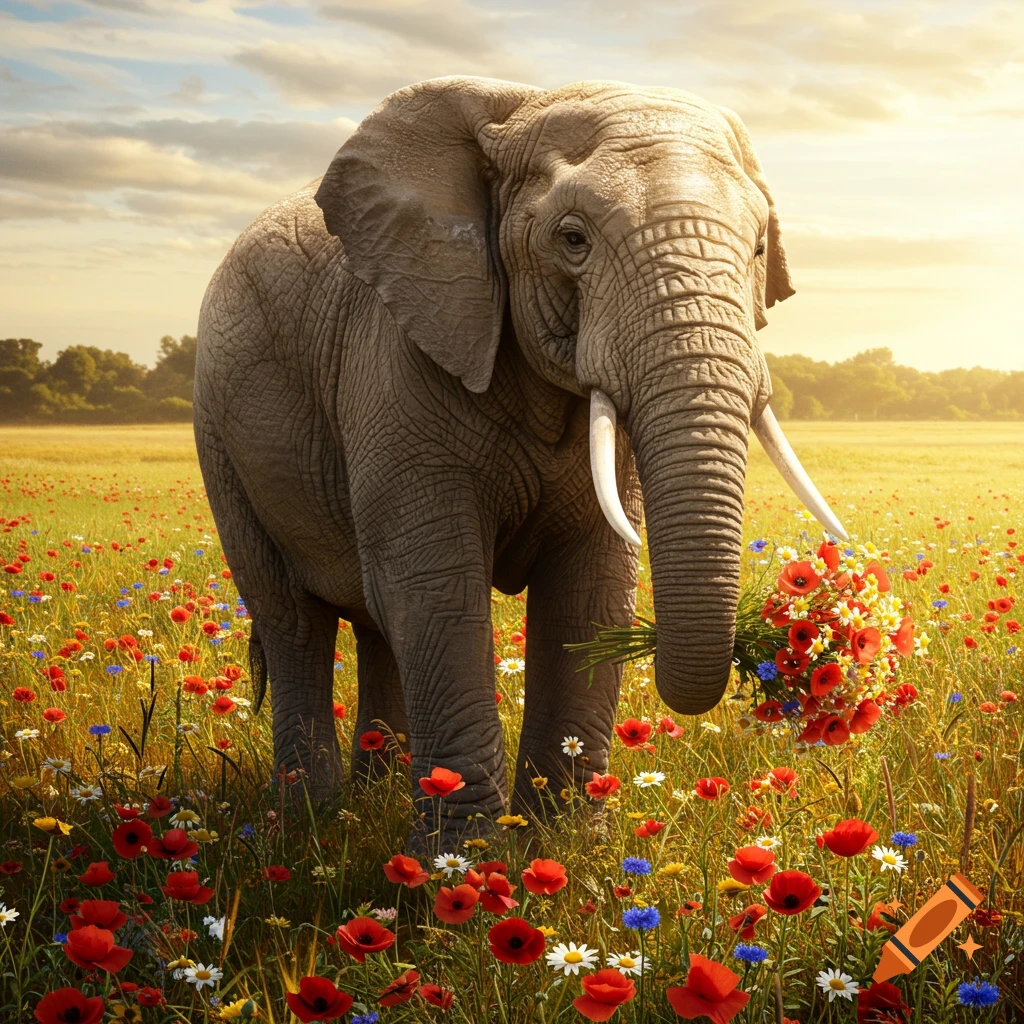 A photorealistic elephant holding a bouquet of red and blue flowers in a vibrant field under a sunny sky.