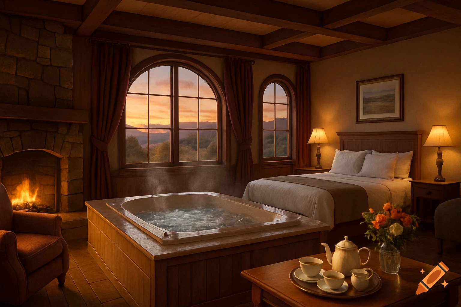 Luxurious hotel room with a built-in jacuzzi, stone fireplace, and king bed. Warm sunset light through arched windows, with a tea set and flowers on a table.