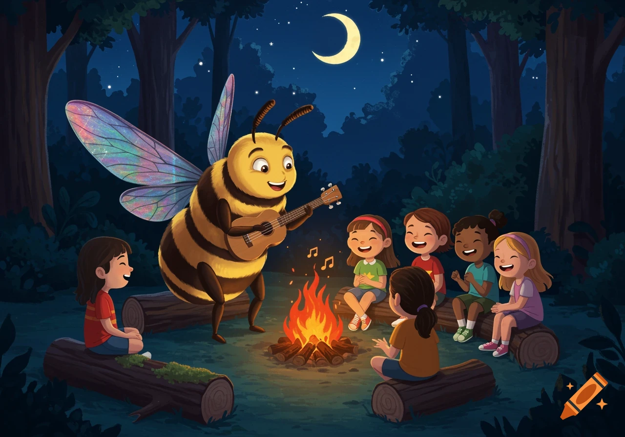 A cartoon bee plays ukulele for five smiling children sitting on logs around a campfire in a dark forest at night, under a crescent moon.